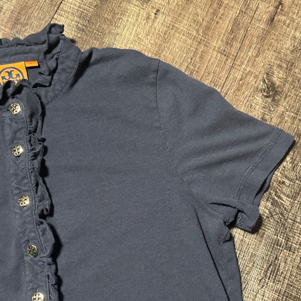 Tory Burch Emily Ruffle Polo Navy Shirt - Picture 3 of 8